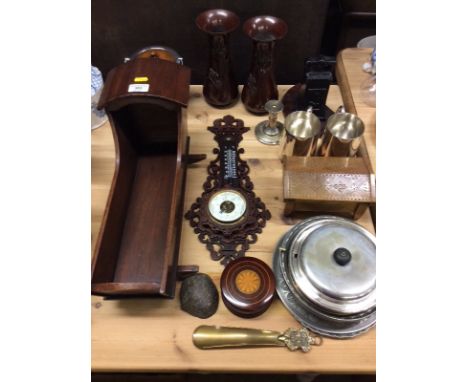 A small wooden crib; a pair of Japanese style bronzed vases; a barometer; a pair of silver plated tankards etc. 