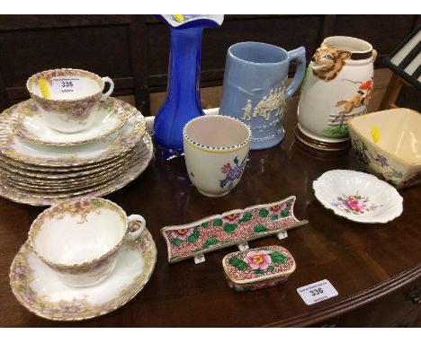 A quantity of floral decorated teaware; a small Poole pottery vase; hunting related tankard; a blue Art Glass vase etc. 