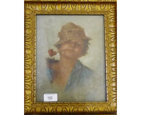 A. Petrocelli  'Head and Shoulders Portrait of a Boy in Straw Hat Smoking a Pipe'  Signed bottom left, in a gilt glazed frame