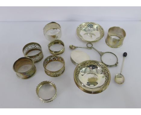 A mixed lot to include various silver and Epns napkin rings, lorgnettes, salt spoon, white metal snuff box and four Epns pier