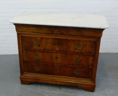 A walnut and marble topped commode, fitted three long drawers, on plinth base with bracket feet,  96 x 116cm