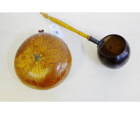 A gourd ladle, 40cm long approx, together with a gourd water bottle with engraved souvenir d'ajaccio and flowerhead pattern, 