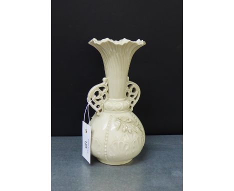 A Belleek porcelain floral encrusted vase, with early black printed back stamp, 23cm high