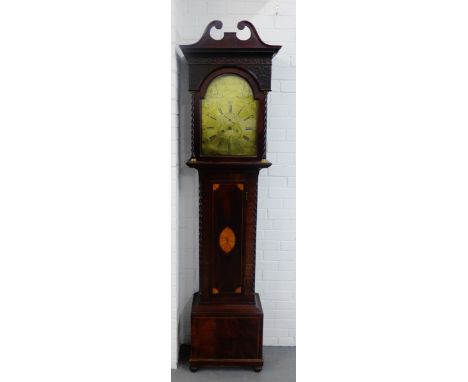 A Scottish mahogany grandfather clock, the hood with a broken swan neck pediment over a 13 inch brass engraved dial inscribed