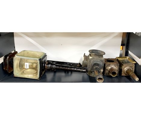 A large Victorian carriage lamp converted to an electric outdoor lamp with wrought iron holder, H. 56cm together with three f