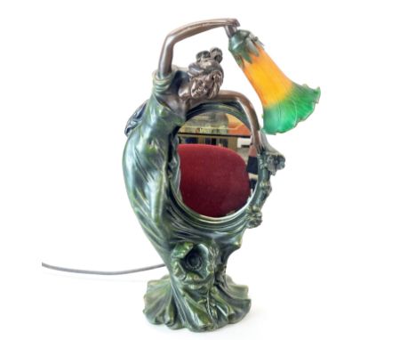 An Art Nouveau style composition table lamp mirror, H. 52cm.