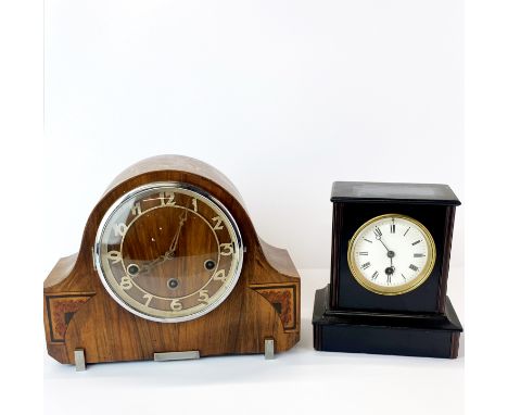 An Art Deco inlaid chiming mantel clock, H. 22cm, together with a slate mantle clock.