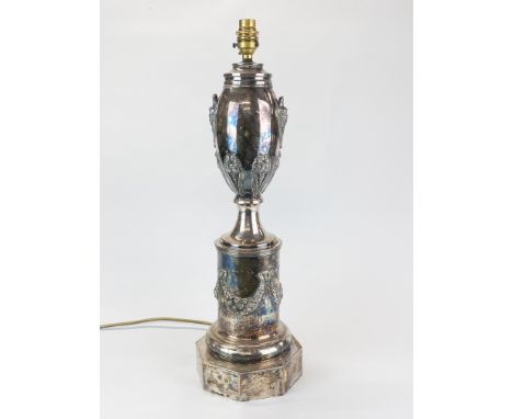 An impressive large silver plated on copper and brass table lamp base, H. 56cm.