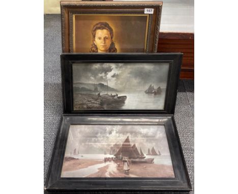 A framed lithograph of a woman after Galarina, frame size 45 x 57cm, together with a pair of 1920's framed prints after F.Arn