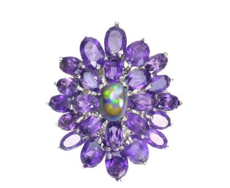 A 925 silver large cluster ring set with a cabochon cut opal and amethyst, (O), 2.8 x 2.3cm.