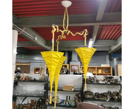 An interesting design 'Peter Wylly' silk rope and metal hanging light fitting with paper shades. L. 143cm. Shade L. 60cm.