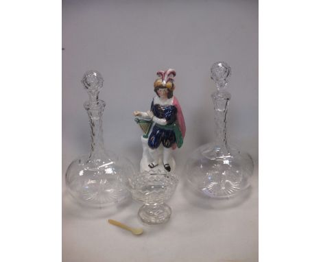 A pair of globe and shaft decanters, a Staffordshire figure and a George III glass salt (4)  