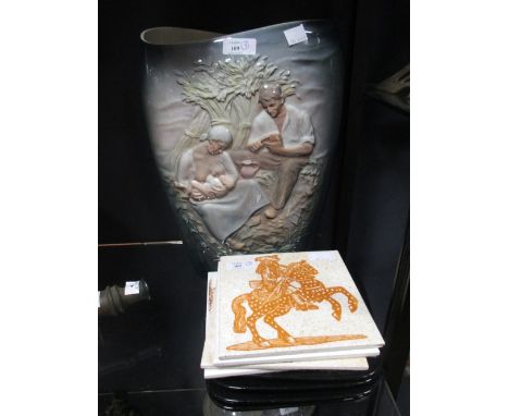 Four Fornasetti tiles, signed, together with four Fornasetti plates, signed and a large Torino vase (9)  