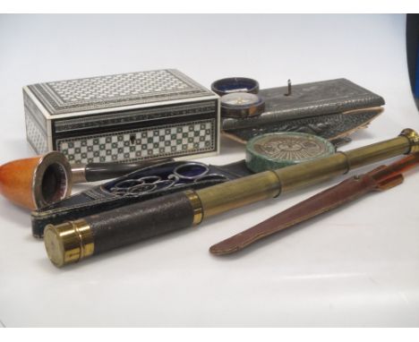 A small Edwardian four drawer pocket telescope, a set of three late Victorian pairs of scissors, a pipe, compass etc  