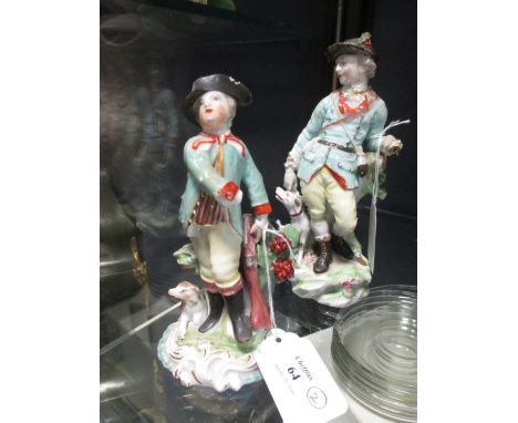 Two patch mark Derby figures of hunters with their dogs  