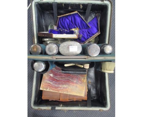 A silver bladed fruit knife and fork set, together with various plated wares including a gladstone bag  