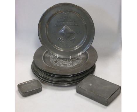 Two Armorial and nine other pewter plates and two boxes (13)  