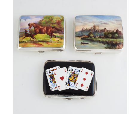 ANTIQUE CONTINENTAL SILVER AND ENAMEL CIGARETTE CASE, CIRCA 1900 of rounded rectangular form with a painted enamel scene to t