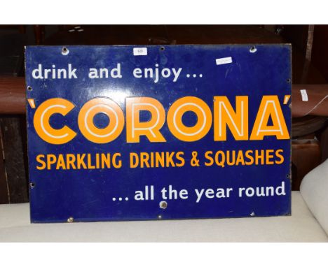 Vintage enamel advertising sign 'Corona sparkling drinks and squashes', 76cm wide
