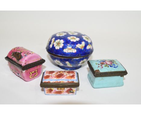 Small Chinese cloisonne bowl, the blue enamel with floral decoration, together with three further enamel patch boxes, probabl