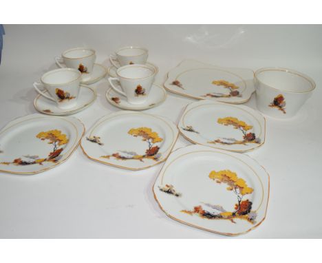 Quantity of Art Deco tea wares with landscape design made by Heathcote China comprising four cups, saucers, side plates, sand