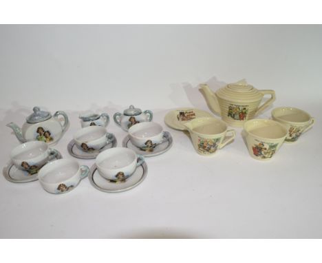 Mid 20th century toy tea set with a print of the Princesses Elizabeth and Margaret, comprising tea pot, sucrier, milk jug and