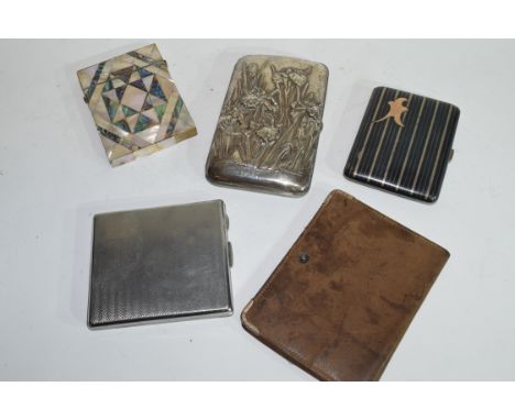 Collection of various cigarette and card cases to include a Victorian mother of pearl mounted card case, white metal case dec