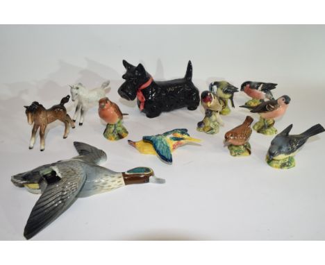 Group of ceramic figures of birds and animals including a Beswick Scottie dog