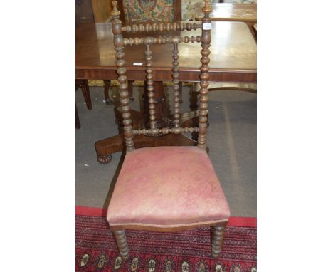 Late 19th century oak side chair with bobbin turned frame and upholstered seat, 100cm high