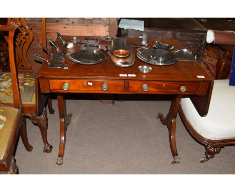 19th century sofa table with cross banded decoration, width folded approx 93cm