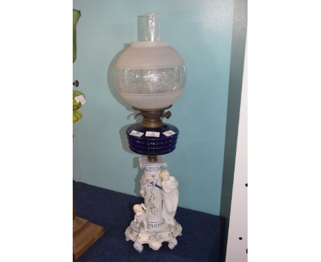 Oil lamp with blue glass reservoir below a white glass floral shade, supported by a porcelain column flanked by a lady and ch