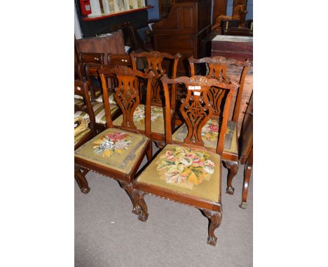Set of 5 Chippendale style mahogany dining chairs, elaborate pierced splat backs, old tapestry seats, front cabriole legs wit