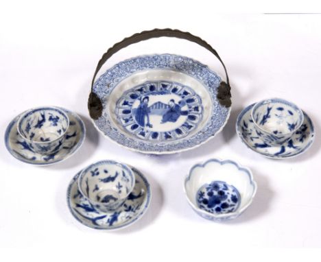 A Chinese blue and white miniature dish 18th Century later mounted with a handle, three Chinese miniature tea bowls and sauce