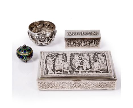 A Siamese silver metal rectangular small box 7.5cm, a Burmese bowl, 7cm, an enamel miniature censer and one other silver meta