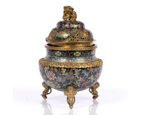 A Chinese cloisonne censer and cover 19th Century with dog of fo finial and elephant head supports, 20cm