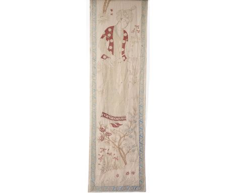 A Persian textile panel decorated with a block print and hand painted scene showing a man with a decanter and cup, 300cm x 55