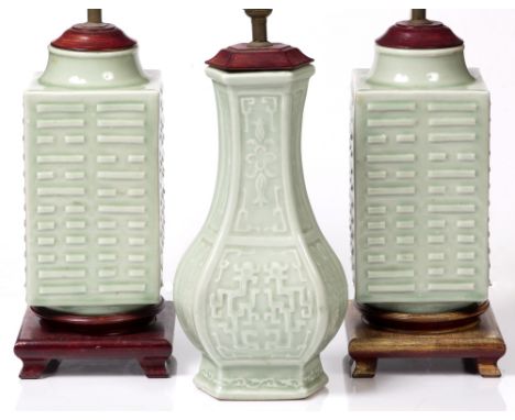 A pair of Chinese celadon cong shaped vases now lamps, 25cm high and one other Chinese celadon vase converted to a table lamp