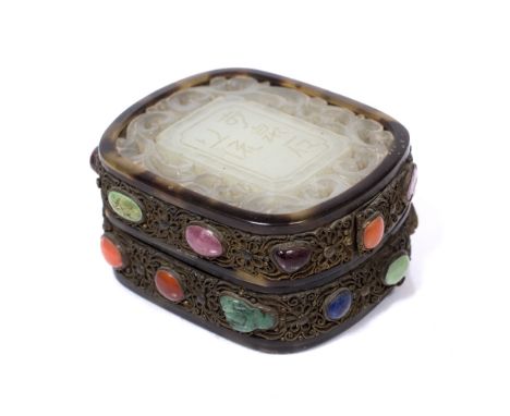 A Chinese tortoiseshell small box 19th Century inset with carved jade and hardstone mounts, 6.75cm x 5.5cm x 3.5cm high