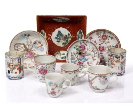 A collection of Chinese famille rose pieces 18th Century to include various teacups and saucers, a pair of small spill vases 