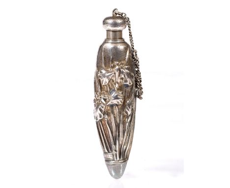 A Chinese silver perfume flask circa 1900 embossed with iris, marks probably for Kwan, Wo of Canton