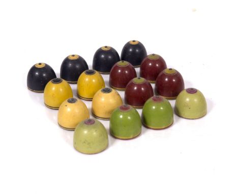 A set of Pachisi/Chaupar playing pieces 19th Century each hand painted in one of four colours and finished with a silver meta