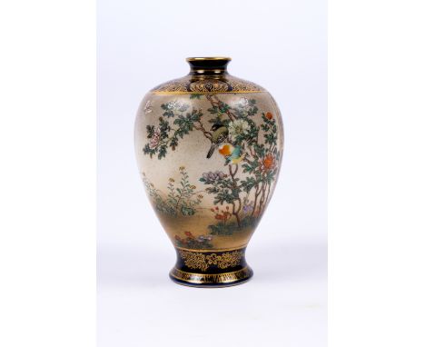 A Japanese Satsuma Kyoto vase Meiji period signed Kinkozan, with enamel and gilt decoration showing landscape panels with a p