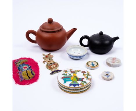 Two Chinese miniature Yixing teapots cloisonne enamel small box and a few other pieces
