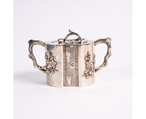 A Chinese white metal sugar basin circa 1900 with bamboo decoration, 13cm, 231 grams, maker's Paokuang & Co