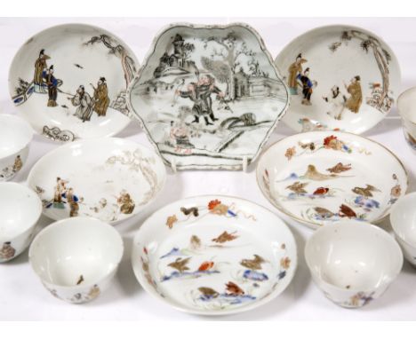 A Chinese porcelain hexagonal spoon tray Qianlong painted with archers, seven various Chinese tea bowls and five saucers