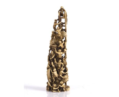 A Japanese ivory okimono of a dragon styled Shachihoko (dolphin) late Meiji standing upon its head while a gathering of Oni, 