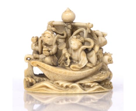 A Japanese ivory netsuke late Meiji , signed Nagayukidepicting the Shichifukajin aboard the Takarabune above breaking waves, 