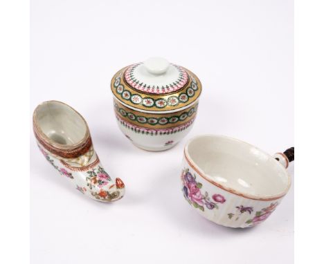 A Chinese polychrome export porcelain model shoe 18th Century 9.5cm, a Chinese export porcelain ladle and a Chinese export po