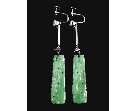 A pair of Chinese jade ear pendants of rectangular form mounted with two button shaped 'pearls' Accompanied by a jadeite repo