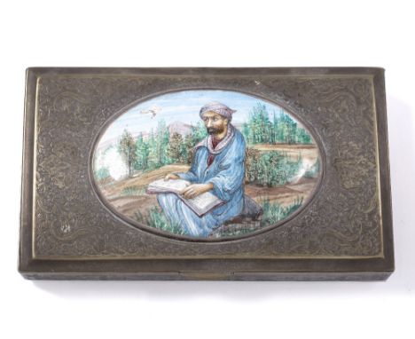 A Persian silver metal and enamel box circa 1900 with oval panel painted with a scribe, 14cm x 8.5cm